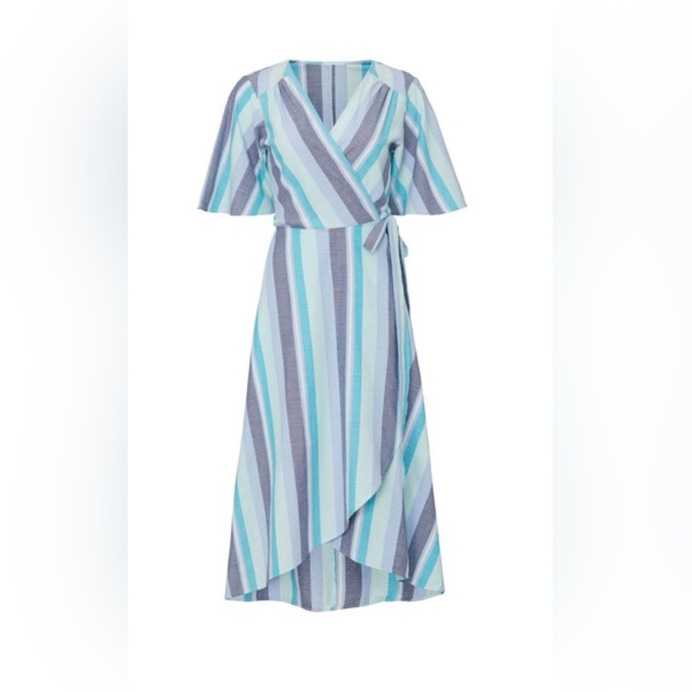 Bobeau High Low Dress in Blue and Gray Stripes